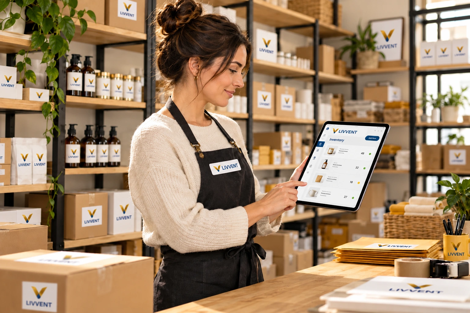 Business owner managing stock on a tablet