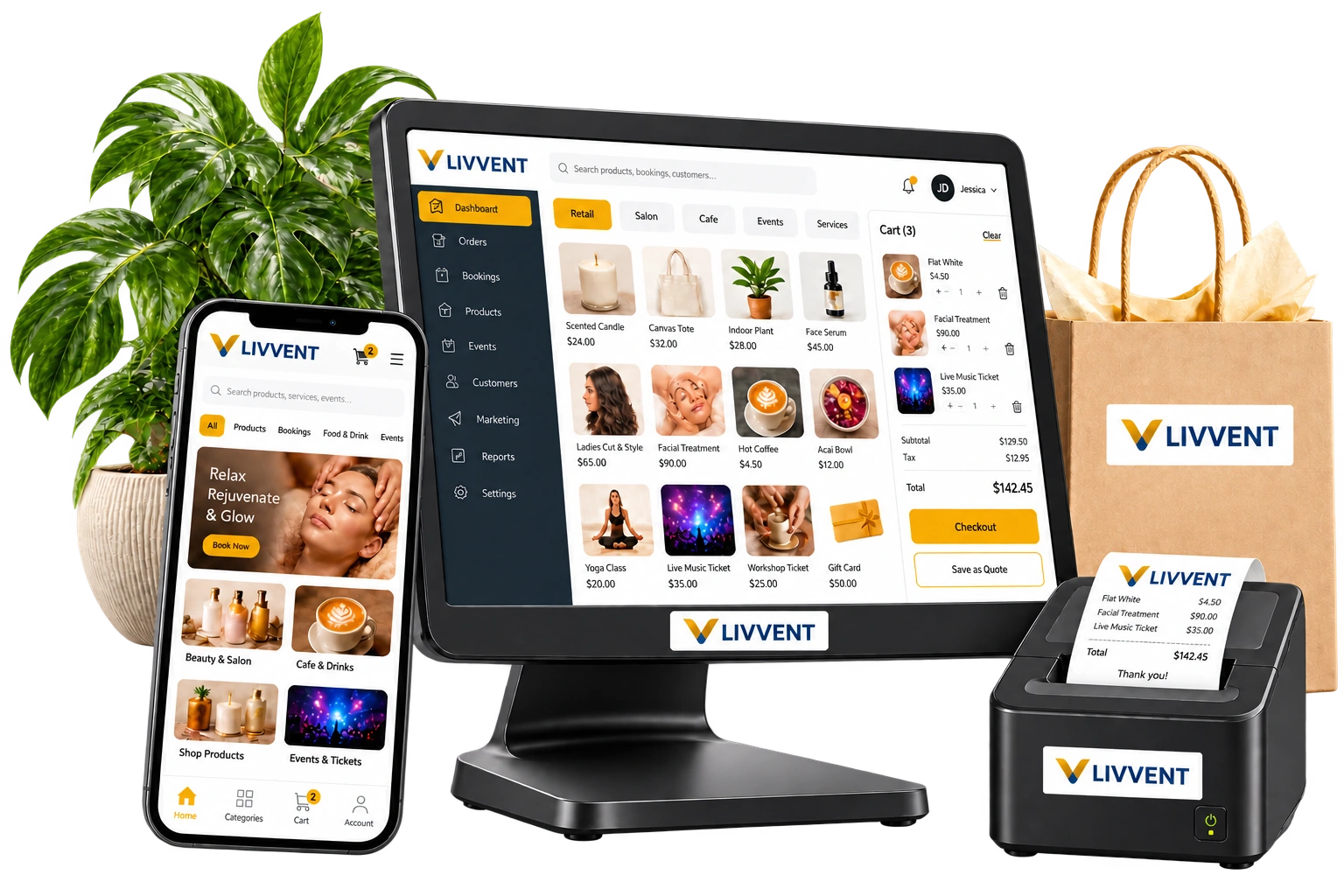 Branded Livvent ordering system, POS, mobile storefront and retail packaging