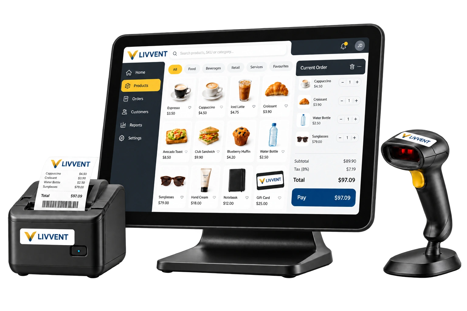 Livvent POS terminal, receipt printer and barcode scanner