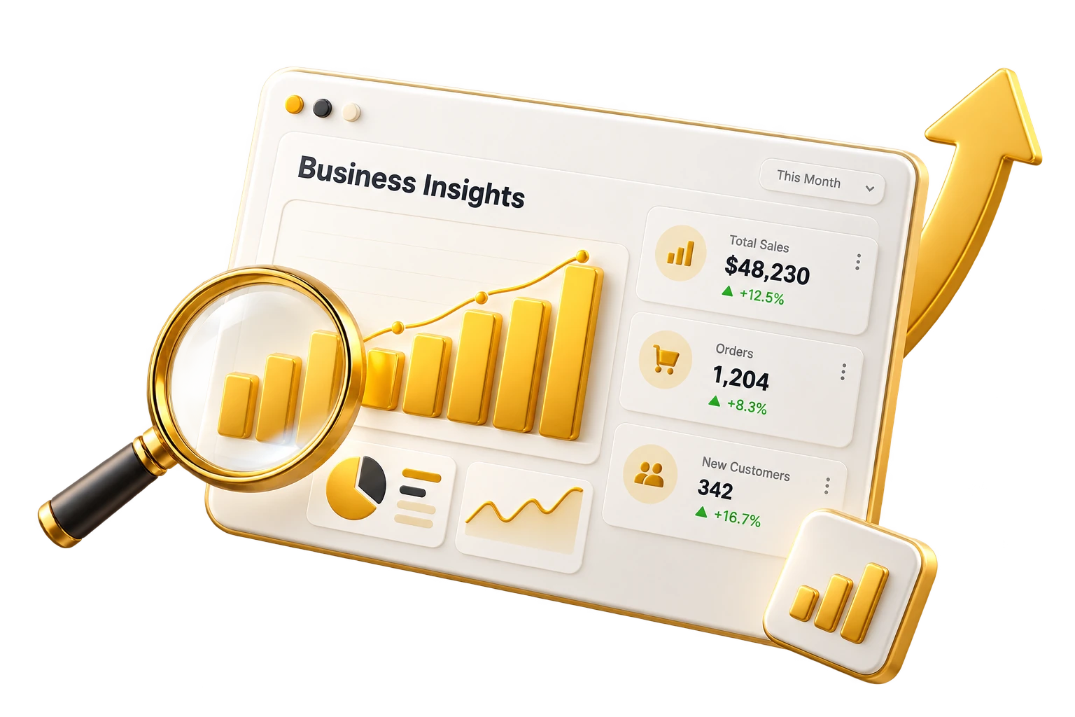 Business analytics panel and rising sales graph